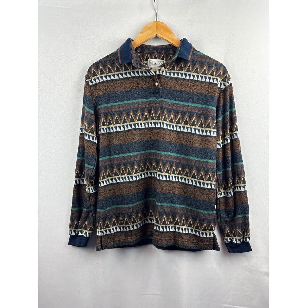 Vintage Arizona Jean Co. Womens Small Geometric Long Sleeve Polo Shirt